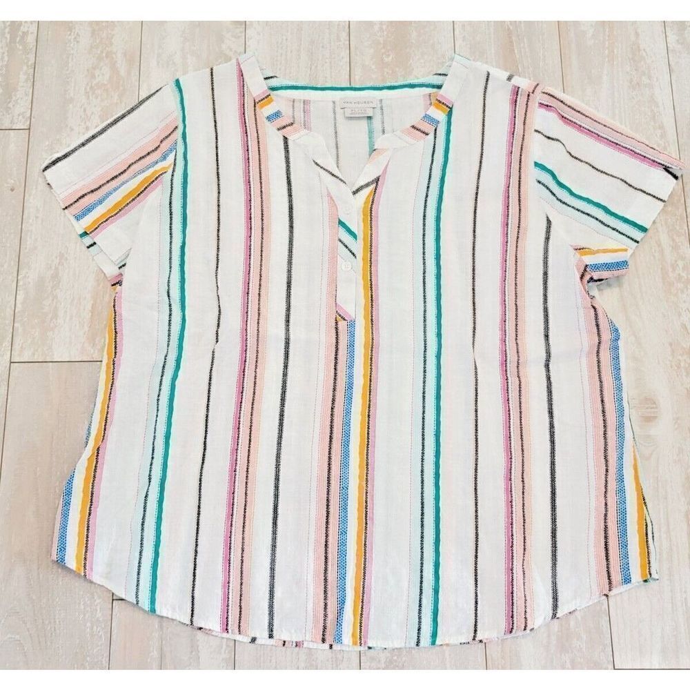 Van Heusen‎ XL Multicolor On White Striped Short Sleeve Pullover Blouse Sz XL